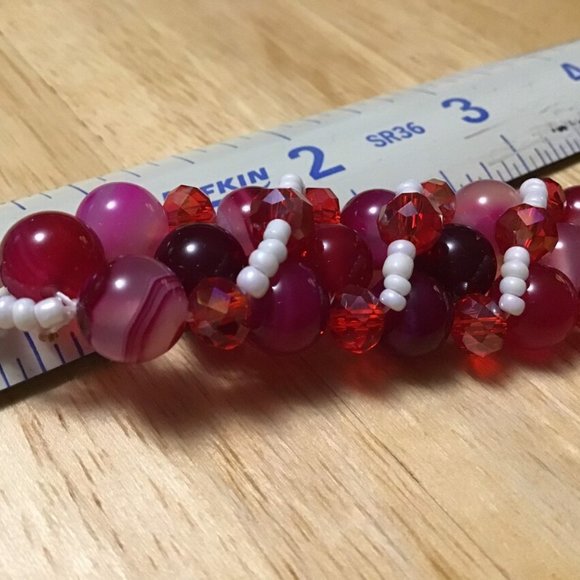 Handcrafted Beaded Bracelet w/ Magnetic Clasp RED&WHITE about 7 1/4" ...  br-19 - Picture 8 of 9